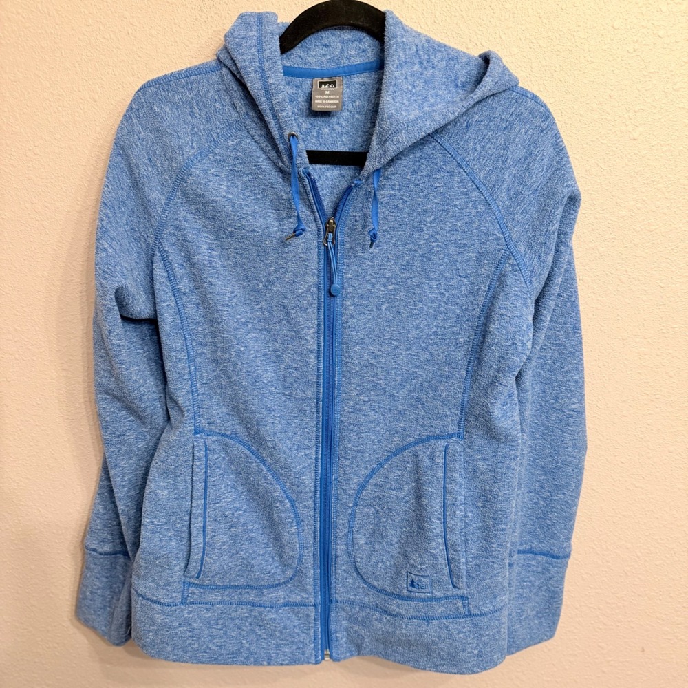 REI Women Blue Heathered Full Zip Fleece Hoodie Sweater 854449 Size M - Picture 3 of 8